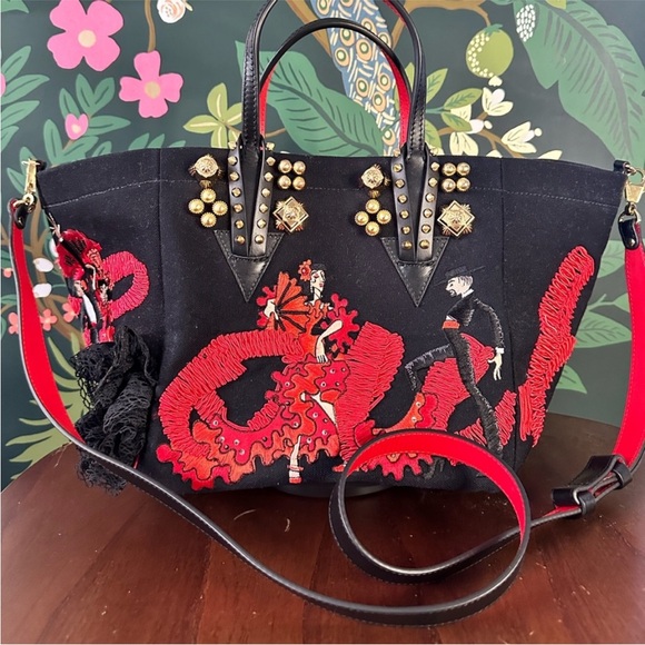 CHRISTIAN LOUBOUTIN♥️🖤💃Flamencaba Tote in Embroidered Toile PRISTINE CONDITION - Picture 14 of 15